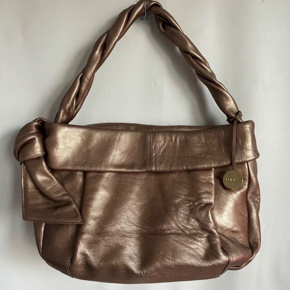 Furla Leather Shoulder Bag Metallic Bronze Twisted Handle Bow Made in Italy Wome